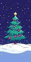 christmas tree with hanging ornaments, cartoon illustration