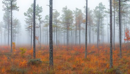 Obraz premium A misty forest with tall trees and a colorful undergrowth.