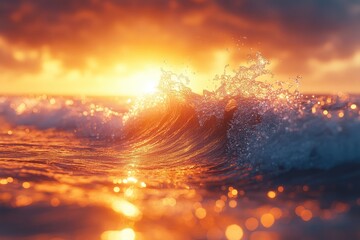 A wave crashes against the golden sunset. This image is perfect for use in designs related to the ocean, nature, or travel.