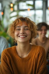 Smiling Young Woman with Short Hair Enjoying Time in a Cafe