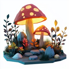 Low Poly 3D Render of a mystical enchanted forest with oversized mushrooms and glowing plants, on isolated white background