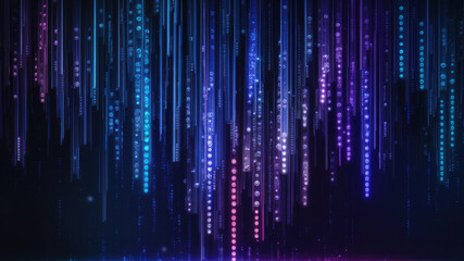 Abstract vertical dots and lines, neon data flow on dark background.