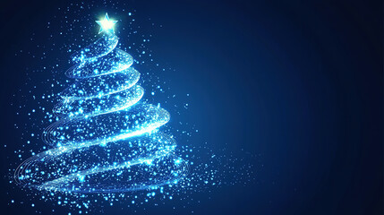 White Christmas tree made of glowing lines on blue background