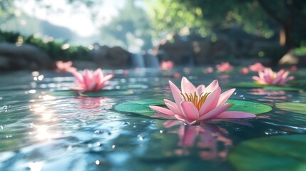 Close-up of a pink water lily floating on a tranquil pond, with sunlight reflecting on the water.