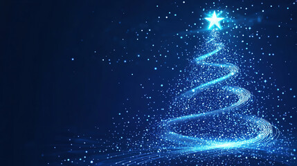 White Christmas tree made of glowing lines on blue background