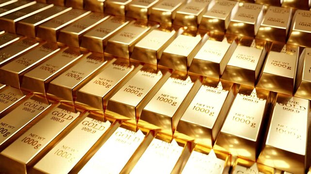 Gold bars stack pile up of metal golds concept background business success wealth investment banking abstract financial luxury. 3D animation render4K