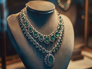 Necklace and earrings display in a glass case