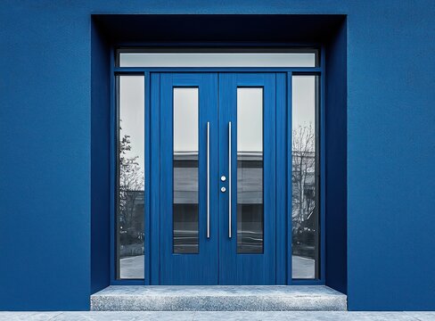 Cobalt blue double doors with glass insets for stylish entryway.