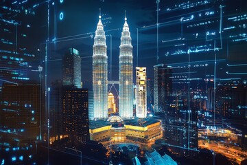 information flow hologram night panorama city view