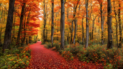 Fototapeta premium A fall forest trail lined with trees whose leaves are turning shades of red orange and yellow, AI Generated
