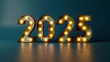 celebrate 2025 with glowing marquee light bulbs on black background, club new years eve, photorealistic on blue background