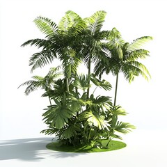 Obraz premium Low Poly 3D Render of a tropical palm forest with vibrant green leaves and a sunny atmosphere, on isolated white background