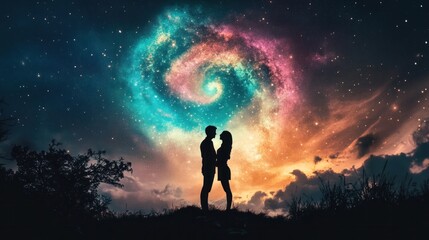 Fototapeta premium Romantic silhouettes against starry sky with colorful cosmic swirl expressing eternal love. Romantic silhouettes under starry sky.
