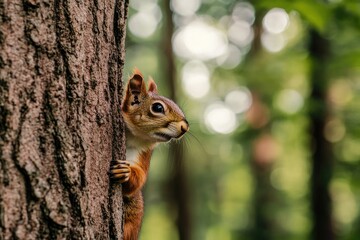 Red Squirrel Peeking from Behind a Tree Trunk