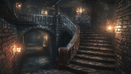 Naklejka premium Dark stone stairs with a spooky, medieval feel. Perfect for horror, fantasy, or mystery themed projects.