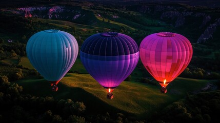 Fototapeta premium Colorful Hot Air Balloons Over Green Valleys at Sunrise