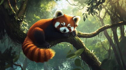 Obraz premium 73.Adorable red panda perched on a branch, soft fur with vibrant colors, peaceful forest background, delicate claws gripping the tree, curious and relaxed demeanor, lush greenery around