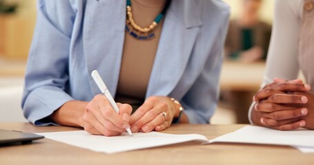 Contract, woman and hands of client for signature, deal or legal document for membership application. Business, office and insurance agent with paperwork for registration, sign up or policy agreement