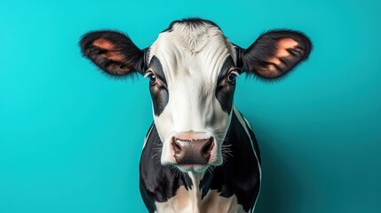 Black and white cow isolated on a blue background, a close-up portrait, 4k Rasolution