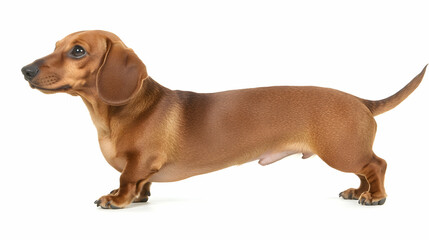 Dachshund Curiosity:  A captivating profile of a  red dachshund, its expressive eyes gazing intently off-camera, showcasing the breed's signature long body and short legs.  