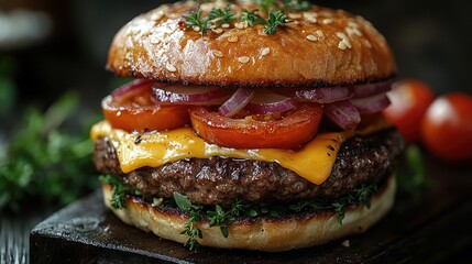 Juicy burger with cheese, tomato & onion. Perfect for food blogs, restaurant menus & social media posts.