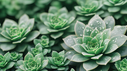 Close up of succulent plants with water droplets, showcasing vibrant greens