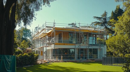 19.Dreamy suburban home construction, sprawling yard, tall trees nearby, family-oriented villa layout, lush green surroundings, scaffolding around the building, bright and inviting scene