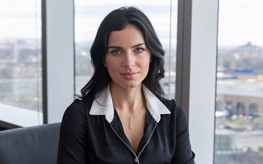 Woman with laptop A confident woman with dark hair and green eyes sits in a chair in front of a window with a city view.