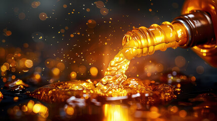 A bottle of liquor is poured into a glass, creating a golden stream of liquid. Concept of indulgence and relaxation, as the amber liquid flows out of the bottle and into the glass