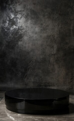 Empty high-gloss black platform on a smoky backdrop. Created with generative AI technology