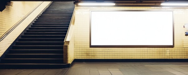 Cream-colored subway promo area with blank billboard, dark stairs.