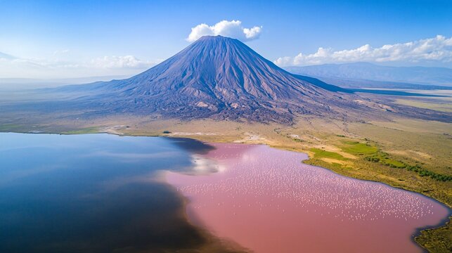 36.Aerial view of Ol Doinyo Lengai volcano towering over Lake Natron, vast pink salt flats below, thousands of Lesser Flamingos dotting the shallow waters, rugged volcanic landscape, pristine natural