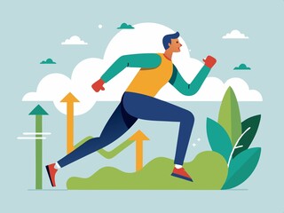 Fototapeta premium A woman and a boy running on a treadmill and on the road in a fun and dynamic illustration with a business and summer concept