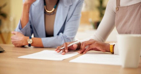 Contract, woman and hands of advisor for info, deal or legal document for membership application in office. Advice, client and insurance agent with paperwork for registration, sign up or agreement