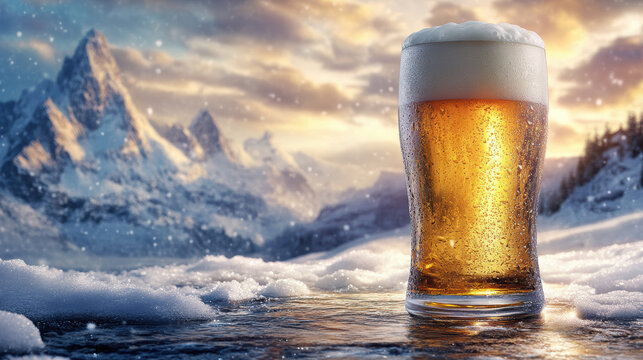 A glass of beer is sitting on a snowy surface with mountains in the background. Concept of adventure and relaxation