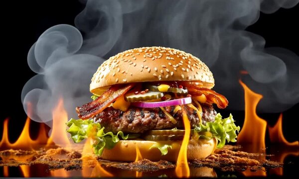 grilled burger on black background