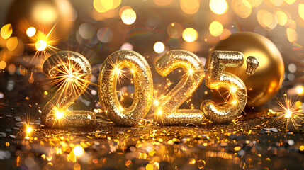 Golden 2025 numbers with sparkling lights on festive celebration background