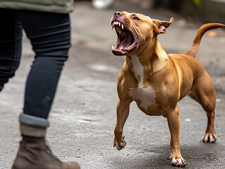 American Staffordshire Terrier barking at a person