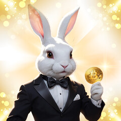 Digital illustration of a white rabbit in a tuxedo, holding a Bitcoin coin against a golden bokeh background. The elegant, detailed composition symbolizes wealth and sophistication.