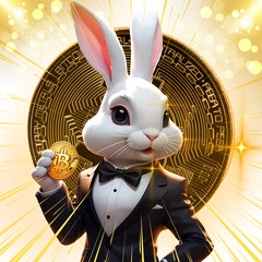 Digital illustration of a white rabbit in a tuxedo, holding a Bitcoin coin against a golden bokeh background. The elegant, detailed composition symbolizes wealth and sophistication.