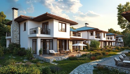Fototapeta premium Modern Bulgarian coastal homes with luxury designs and striking aquamarine roofs.