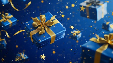 Blue Gifts with Golden Bows on Blue Background Near Stars