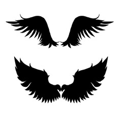 A Vector set of linear heraldic Icarus wings. Collection of black angel or bird wings with feathers alignment. Design element for tattoo, logo or mascot. Birds Wings for background vector for logo.
