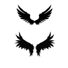 A Vector set of passion linear heraldic Icarus wings. Set of black angel or bird wings with feathers alignment. Design element for tattoo, logo or mascot. Birds Wings for background vector for logo.