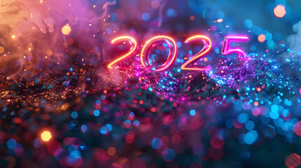 Happy new year 2025 colorful cinematic 3d render text design. Happy new year poster design. 2025 text design with cool cinematic style . on blue background