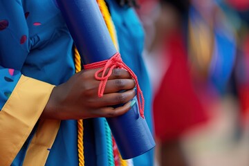 A person holding a diploma tied with a red ribbon, dressed in bright graduation attire