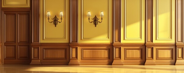 3D rendered luxurious setting with golden walls, classic paneling, and elegant bronze lights.