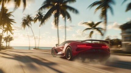 Classic red car parked by the shore, evoking nostalgia and summer vibes with its vintage charm against a backdrop of palm trees and ocean waves. Gataway and retro traveling in exotic Caribean concept
