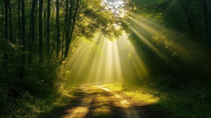 Naklejka premium Forest Road Illuminated by Sunrays