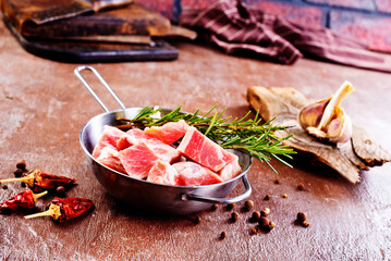 raw meat with spice in pan